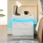 Comodino con LED regolabili, 2 cassetti e vano aperto, per camera da letto, bianco opaco, in legno ingegnerizzato