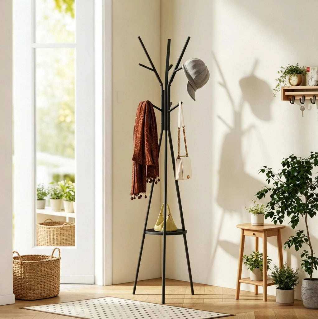 Appendiabiti 45x45x180 cm con 9 ganci e ripiano in metallo e MDF nero