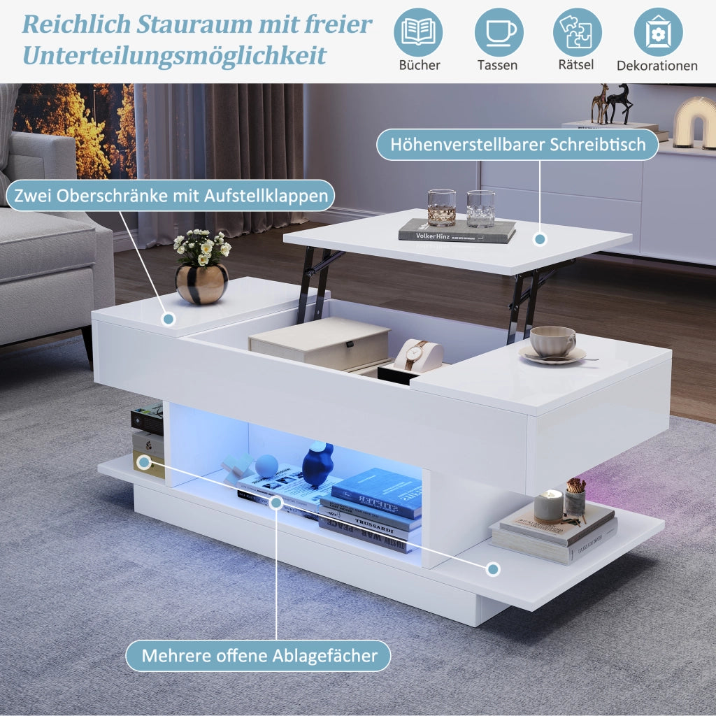 Tavolino basso sollevabile con piano rialzabile 2 vani con anta a ribalta 4 vani aperti LED bianco 98 × 45 × 40 cm