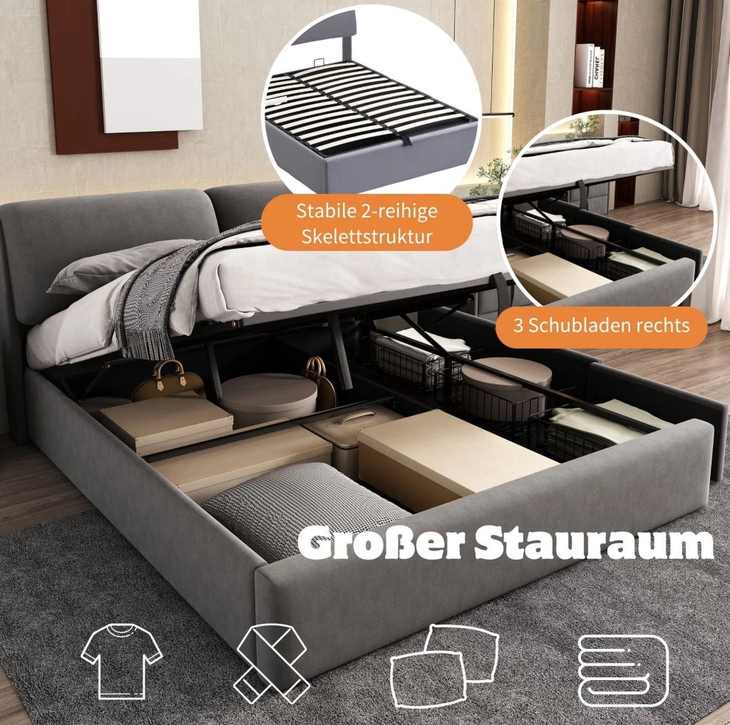 Letto imbottito grigio in velluto 140 x 190 cm con contenitore e 3 cassetti