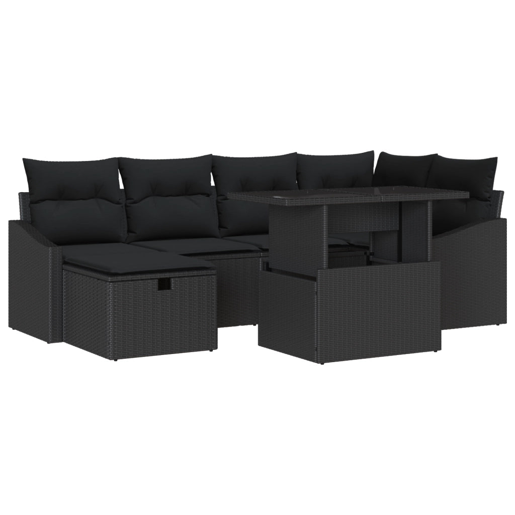 Set Divano da Giardino 7 Pezzi con Cuscini Nero Polyrattan