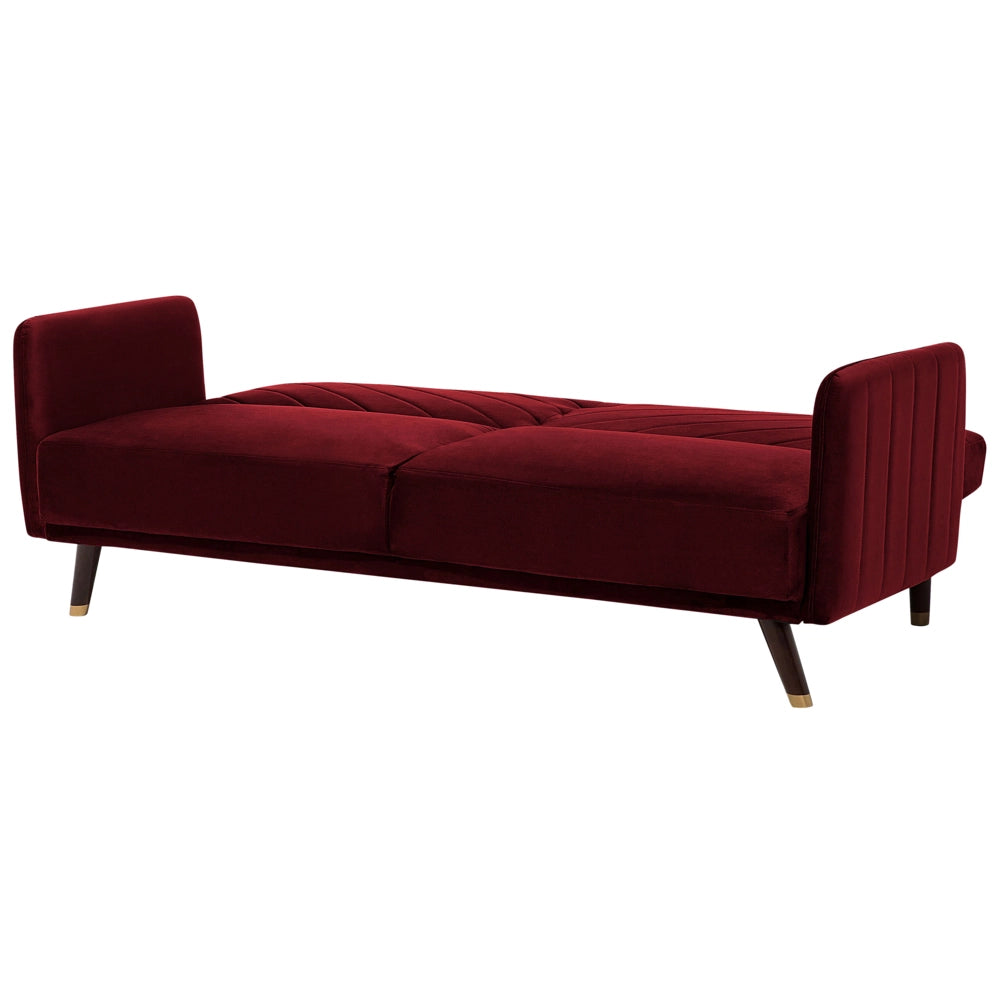 Divano Letto Tessuto Velluto Rosso Scuro Soggiorno Moderno 3 Posti Gambe In Legno Braccio A Pista