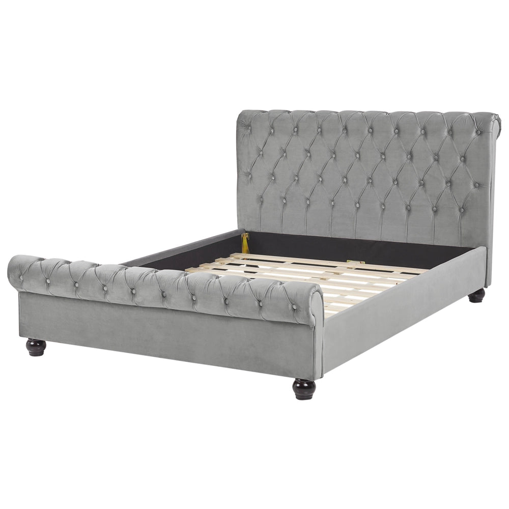 Letto Rivestimento in velluto grigio Gambe in legno Nero matrimoniale 140 x 200 cm con bottoni Glam