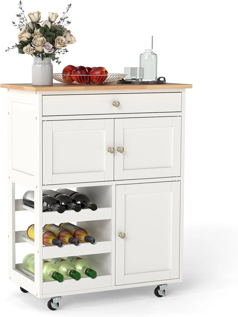 Carrello da Cucina Interno e Esterno, 1 Cassetto + 3 Ante + 3 Porta Vino, Credenza Mobile con 2 Ruote Bloccabili, Salvaspazio, Portata di 30 kg, 67x37x86 cm, 2 Colori (Bianco)