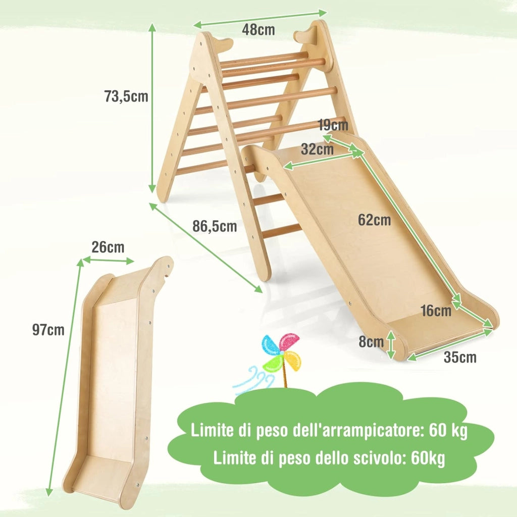 2 in 1 Set da Arrampicata con Scivolo per Bambini, Triangolo di Arrampicata in Legno Regolabile a Gradi, Giocattolo per Arrampicarsi all’Interno, 1 Anno+ (Naturale)