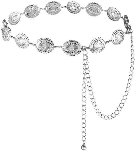 Cinturino con catena in argento - Adattabile - Disegno di margherite - Accessorio Y2K - Lame di alta qualità - Lunghezza totale 115 cm - Cinturino con catena