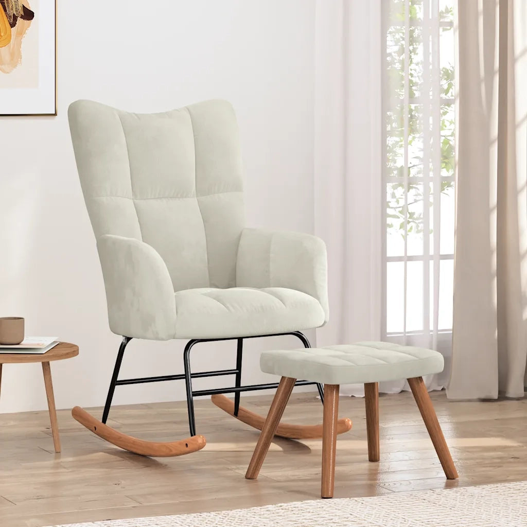 Poltrona a Dondolo | Sedia Relax con Poggiapiedi Bianco Crema in Velluto