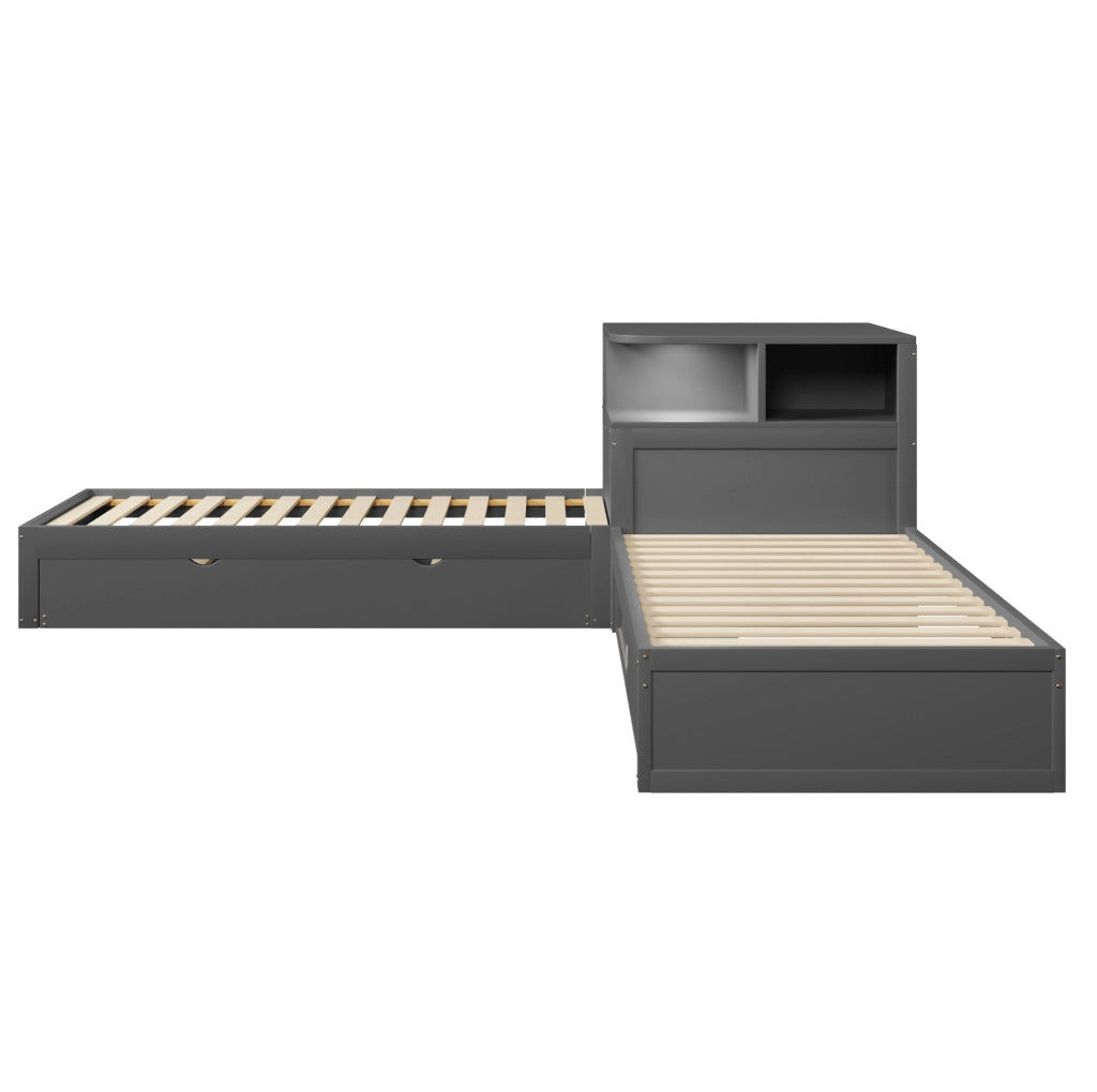 Letto singolo 90x200 con letto estraibile, LED e vani grigio