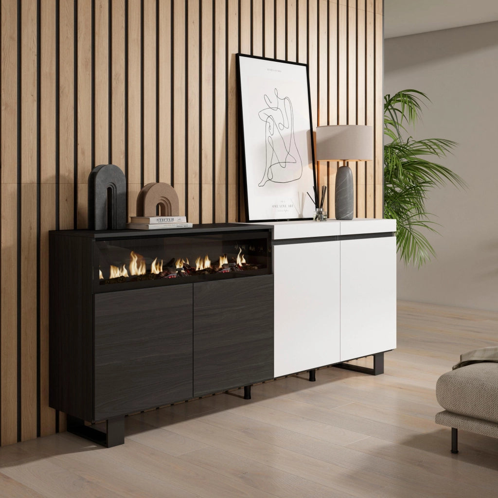 Credenza, Mobile, 200x35x87cm, 4 Porte, Camino elettrico, Design industriale, Bianco e nero RF2394
