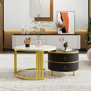 Tavolino da salotto 2 in 1 rotondo - Zephmum- 70x70x46 + 50x50x40 cm- Piano lucido e marmo bianco- 2 cassetti