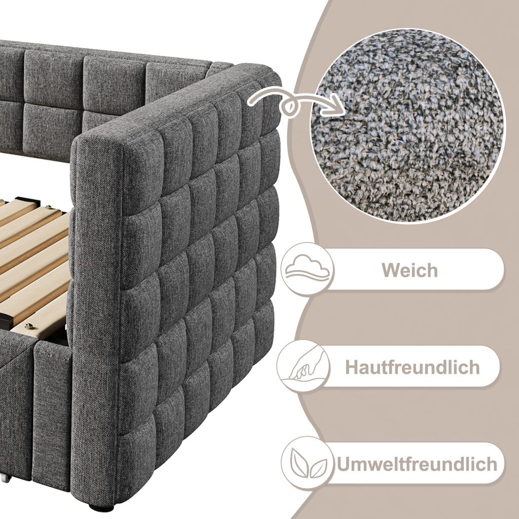 Letto estraibile singolo 90×200 cm con 2 cassetti; senza materasso; velluto; grigio