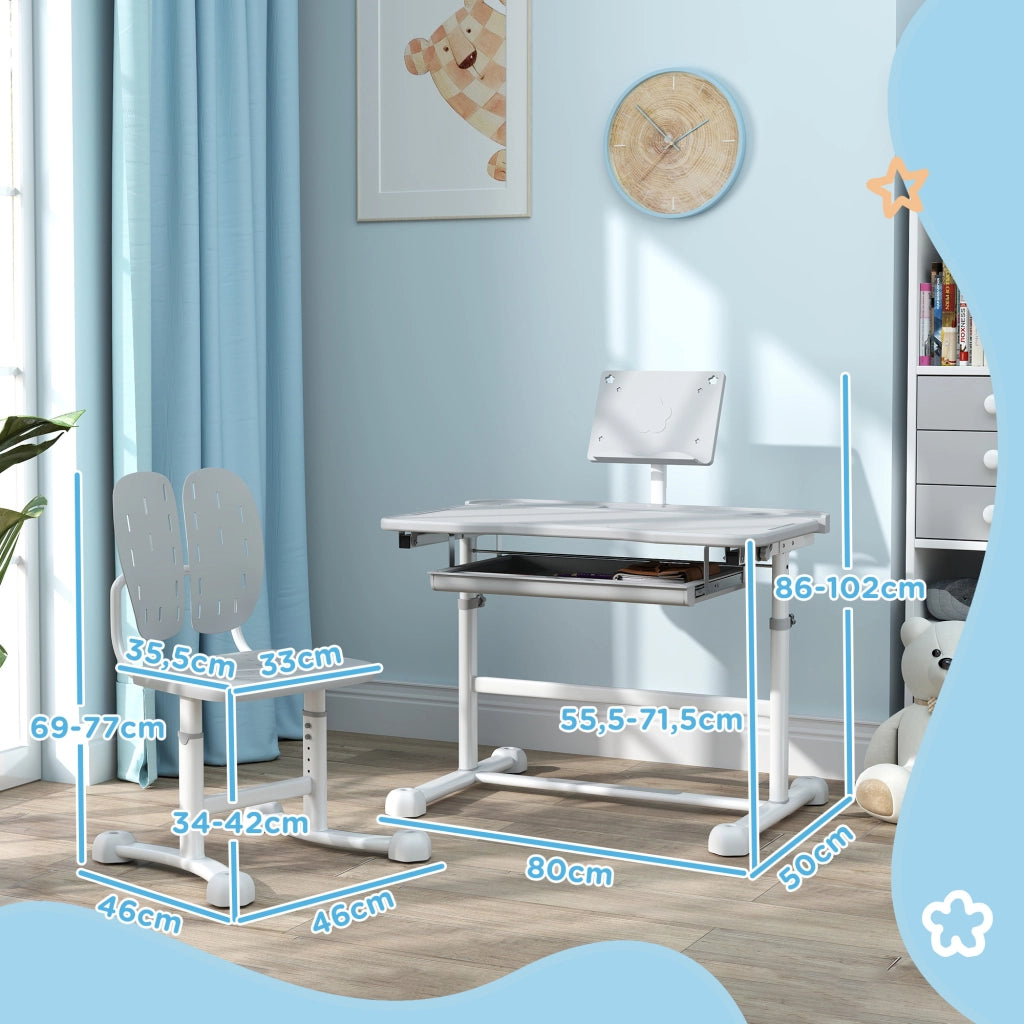 Scrivania bambini con sedia regolabile, piano inclinabile 45¡ã, cassetto e porta libri ¨C zephmum ¨C grigio
