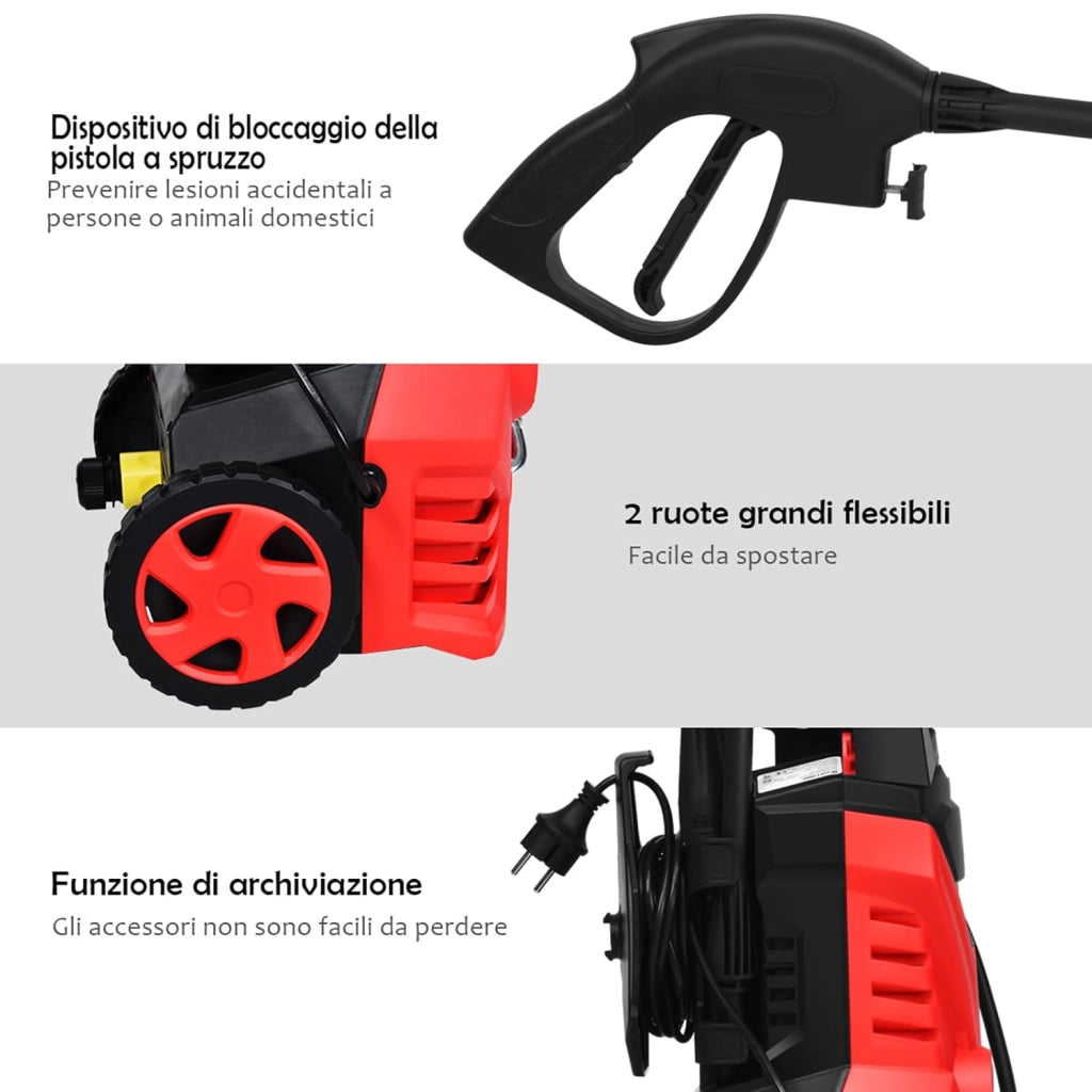 Idropulitrice con 2030 PSI, 5L / Min Idropulitrice Portatile con Ugello Lotus e Ugello ad Alta Pressione, Cavi e Tubi Più lunghi, Adatto per La pulizia di Giardini, Auto,Case (rosso)