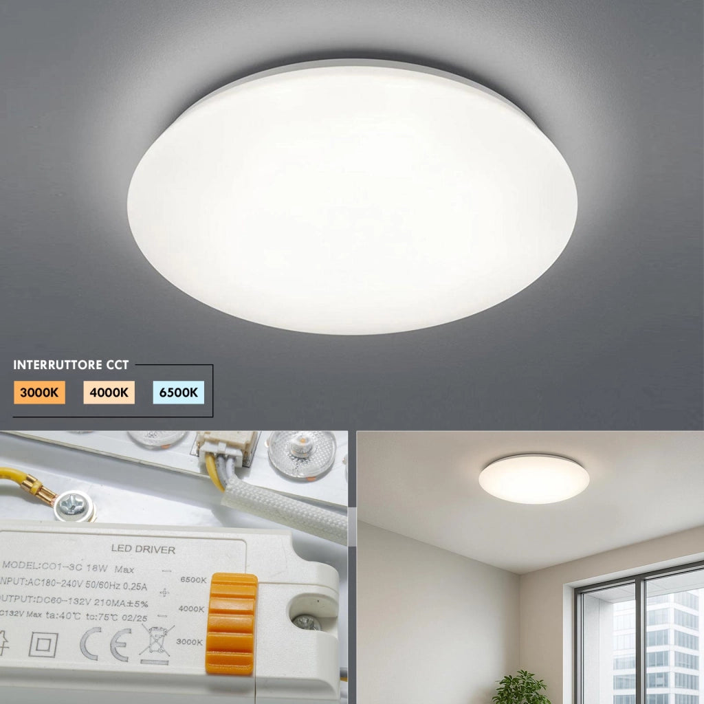 Plafoniera moderna LED CCT 24W da 3000K a 6500K lampada da soffitto parete luce camera da letto cucina ufficio 2160 lumen