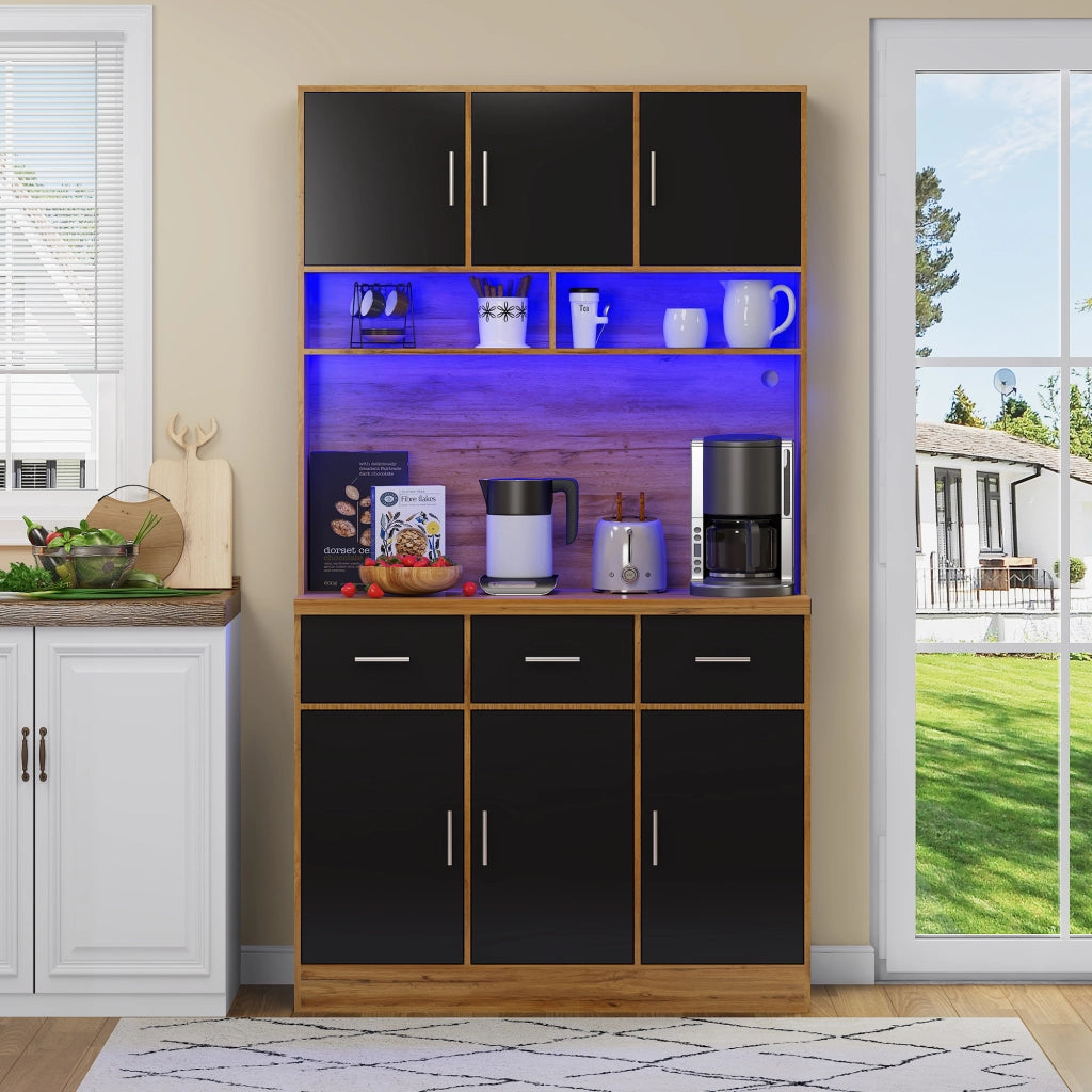 Credenza da Cucina Alta con 6 Ante; 3 Cassetti; Ripiani Regolabili; LED e Prese; in MDF; 100 x 40 x 180 cm; Naturale Nero