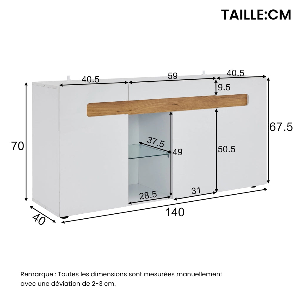 Credenza con 3 Ante e LED con Controllo App; Bianco Lucido; con Ripiano in Vetro; in Truciolare; 140??40??70 cm