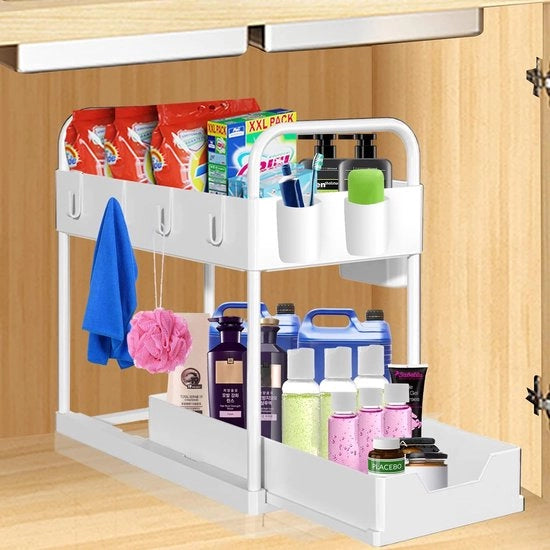Organizzatore per sottocassa 2 livelli, organizzatore per sottocassa con cassetto scorrevole Raccoglitore di spezie con cassetto scorrevole Organizzatore multifunzionale per la cucina Piastra di lavoro per sottocassa in bagno Nero (bianco)