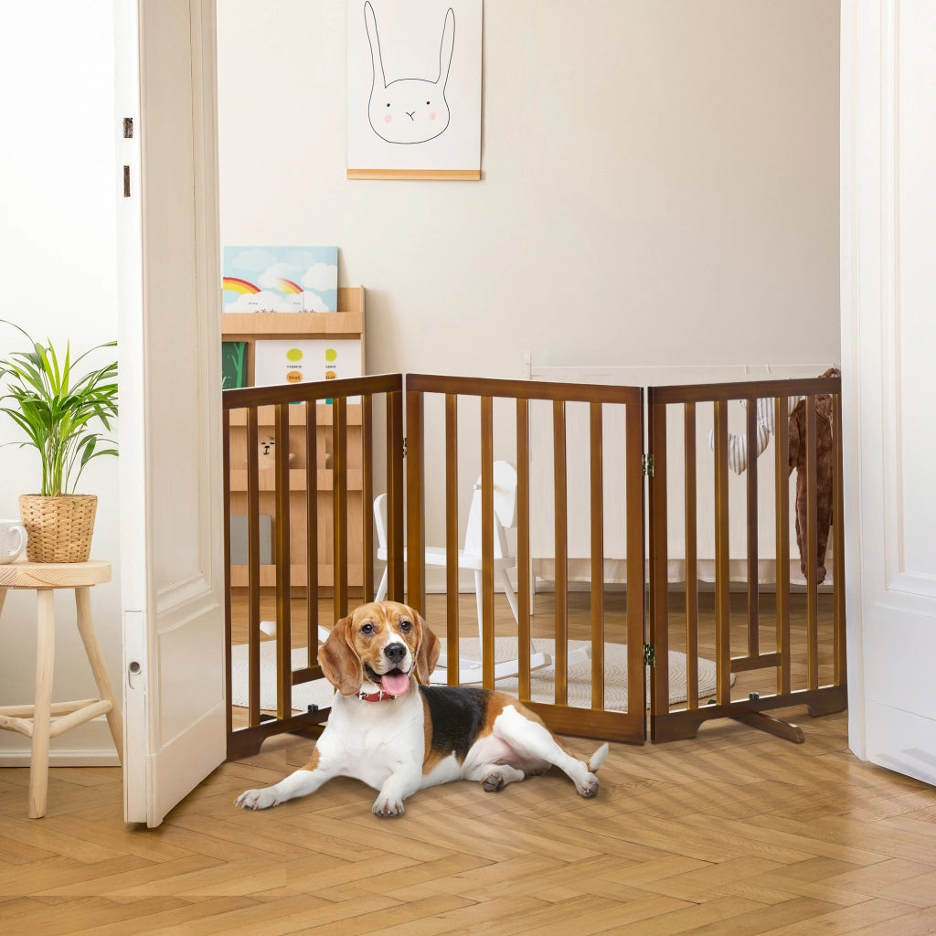 Cancellino per Cani Pieghevole a 3 Pannelli con Piedini Antiscivolo per Corridoi, Scale e Stanze, in Legno di Pino, 181x35x76 cm, Marrone Scuro