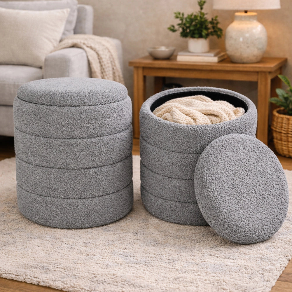 Set 2 Pouf Contenitori Rivestimento Bounclè Grigio Seduta Imbottita Ergonomica