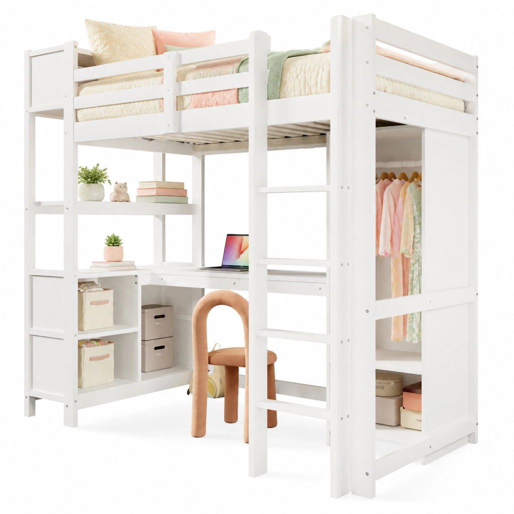 Letto a soppalco 90x200 cm con scrivania, armadio e ripiani