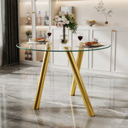 Tavolo da pranzo rotondo in vetro temperato con gambe in metallo dorato per sala da pranzo 89 × 89 × 76 cm