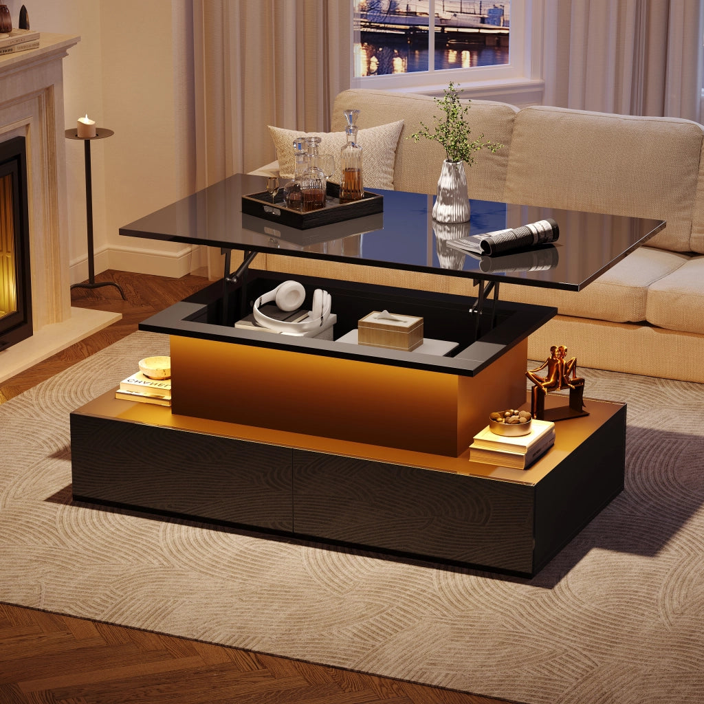 Tavolino da Salotto con 4 Cassetti e LED USB; Piano Superiore Scorrevole Estraibile; Nero Lucido Moderno; in Pannello di Truciolare; 90×55×41 cm; Nero