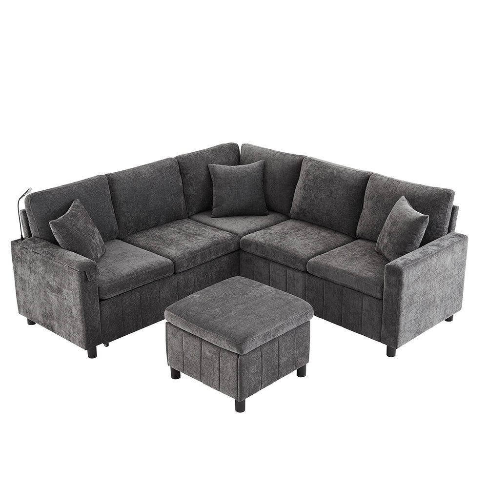 Divano angolare in chenille letto - Xylo - 205¡Á205¡Á85cm - Grigio - USB Type-C luce lettura tavolo