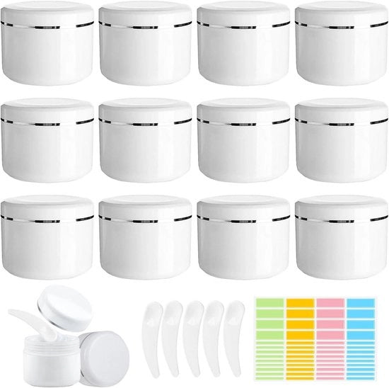 Contenitori di riempimento per creme 12 pezzi 50 ml - Contenitore trasportabile con cucchiaio e etichetta - Ideale per viaggi