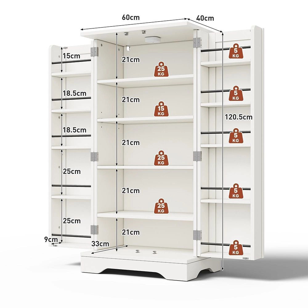 Armadio cucina grande - Xylo - 120x60x40 cm - Bianco - Illuminazione LED a sensore, ripiani regolabili