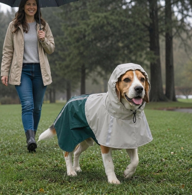 Impermeabile per cani verde in similpelle con strisce riflettenti