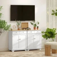 Credenza Bassa con Armadietto 2 Ante, Ripiani Regolabili e 2 Cassetti, Bianco e Legno