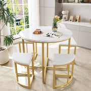 Tavolo da pranzo rotondo per 4 persone con 4 sedie, piano in MDF, struttura in metallo, bianco e oro, 80 cm