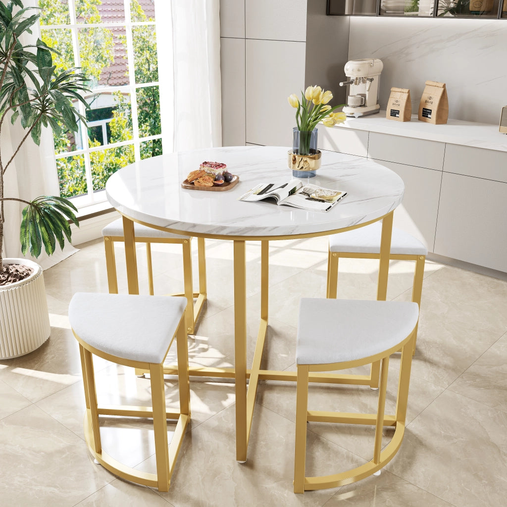 Tavolo da pranzo rotondo per 4 persone con 4 sedie, piano in MDF, struttura in metallo, bianco e oro, 80 cm