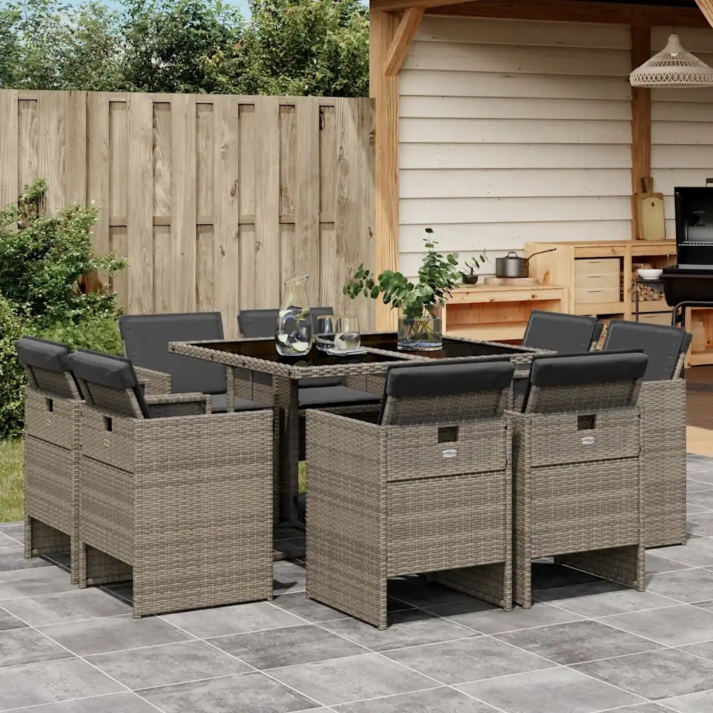 Set da Pranzo da Giardino 9 pz con Cuscini in Polyrattan Grigio