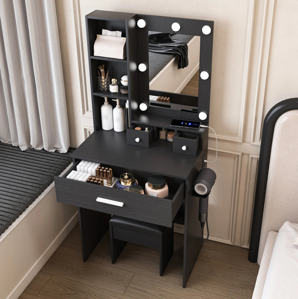 Toeletta con specchio LED a 3 modalità; presa integrata; supporto asciugacapelli; MDF nero