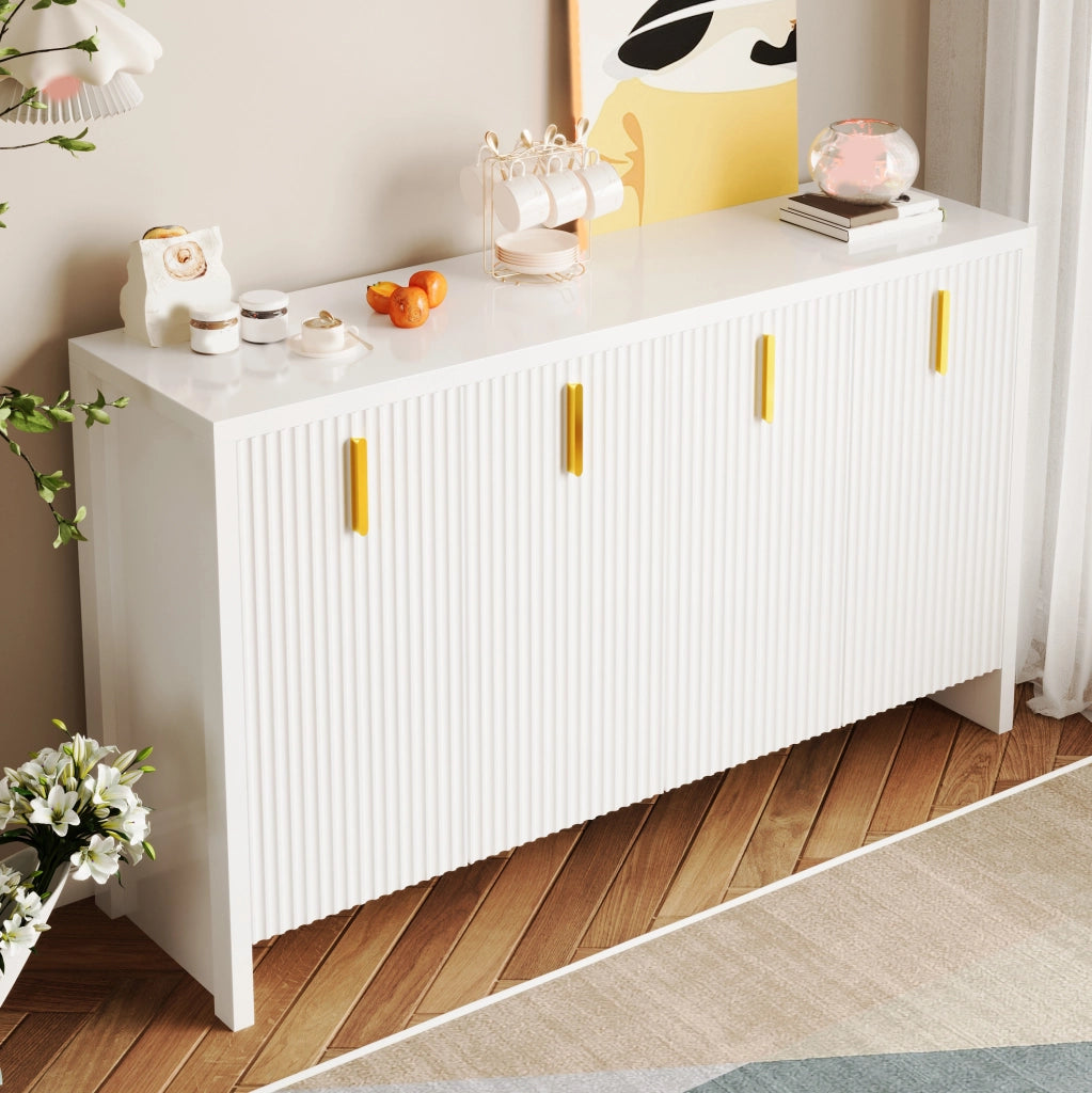 Sideboard bianco moderno con maniglie dorate e ripiani regolabili 140x80x38 cm