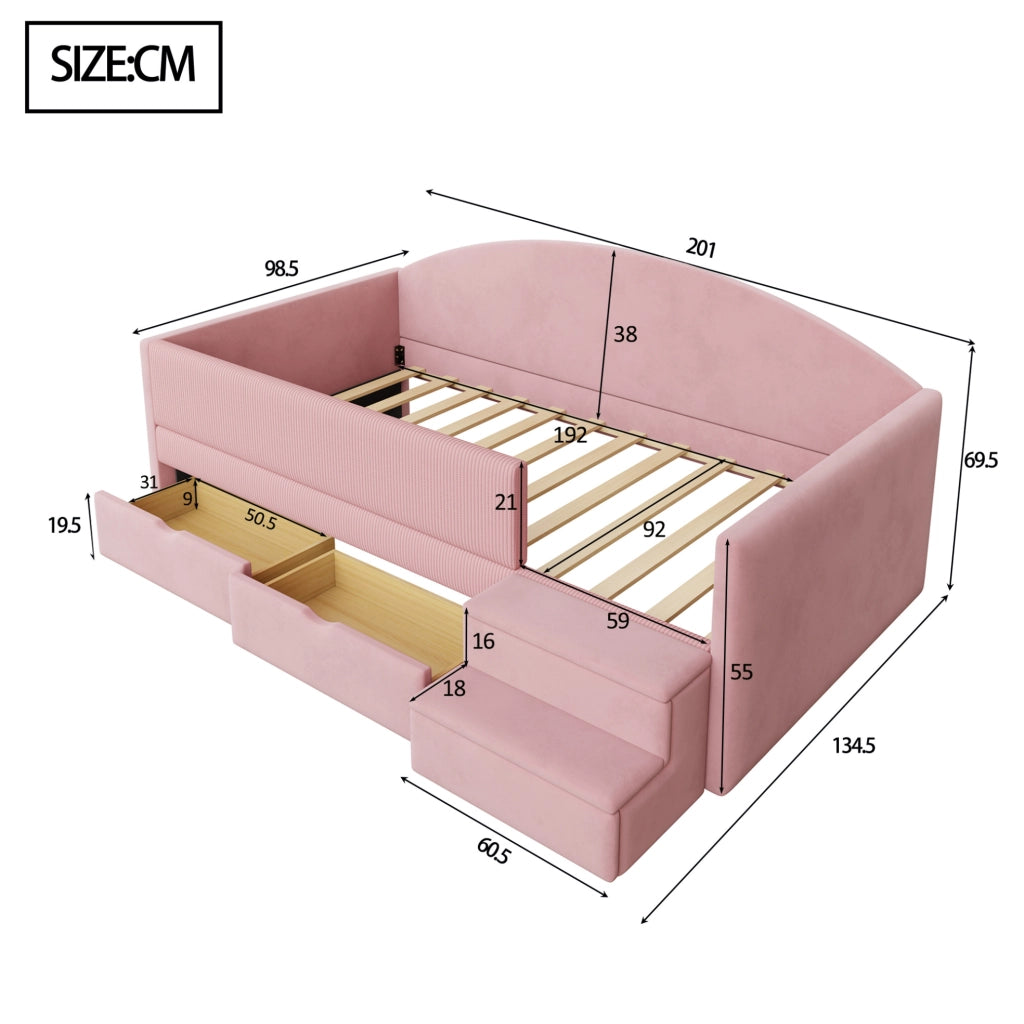 Letto imbottito 90 x 190 cm in velluto rosa con 2 cassetti; sponde e gradini