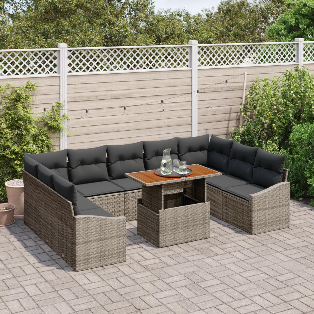 Set da Pranzo da Giardino da 10 Pezzi con Cuscini Grigio Poly Rattan Acacia