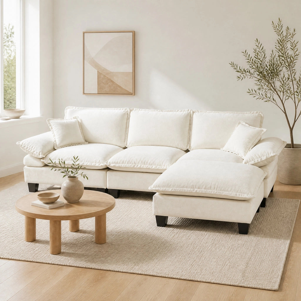 Divano angolare modulare a nuvola con pouf mobile e 2 cuscini in ciniglia beige per soggiorno 263 × 151 × 90 cm