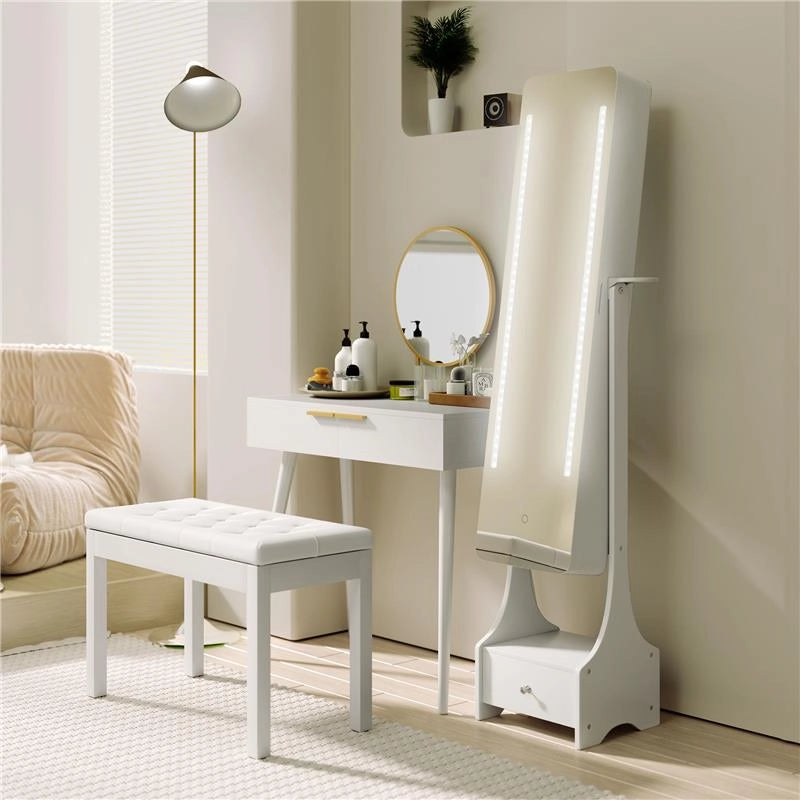 TAVOLO TRUCCO CON SPECCHIO E 2 CASSETTI PER ACCESSORI, IN LEGNO, 80X40X123 CM, BIANCO