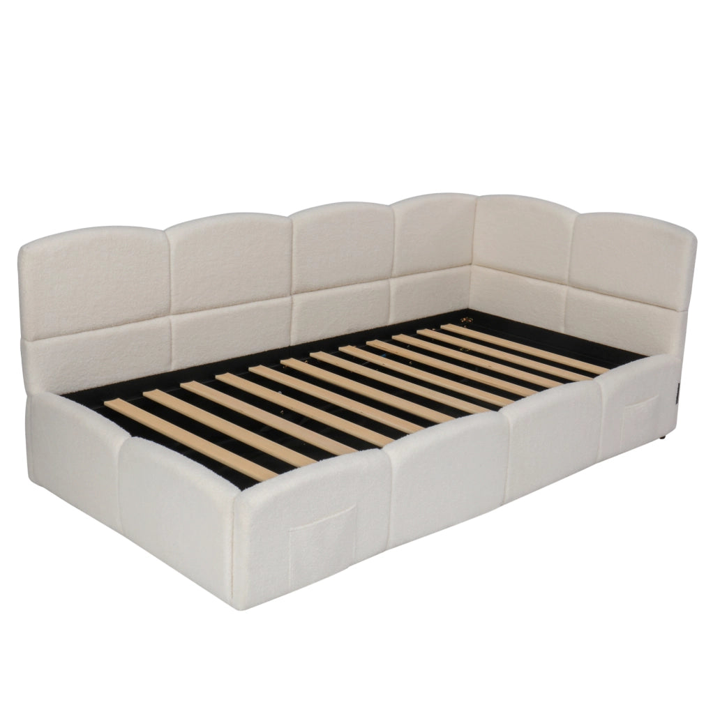 Letto contenitore 90x200 cm con USB A e USB C; tasche laterali; tessuto bouclé beige