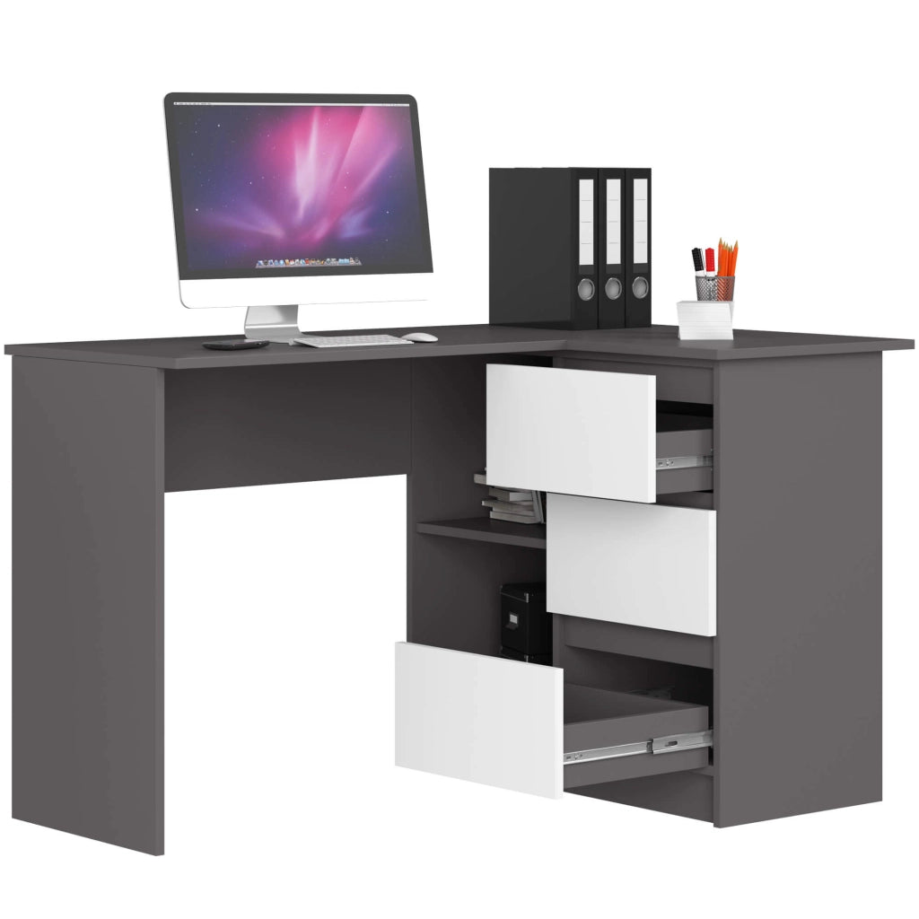 Scrivania angolare AKORD B16 Grigio Grafite 124 cm 3 cassetti inserto frontale Bianco 124x85x77 cm Modello a destra