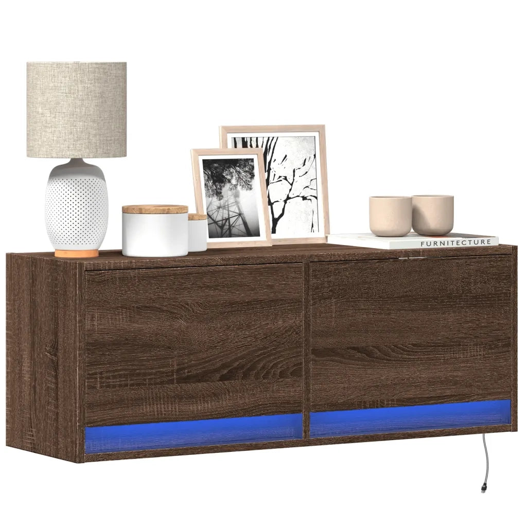 Mobile TV a Parete con Luci LED Rovere Marrone 100x31x35 cm 852368