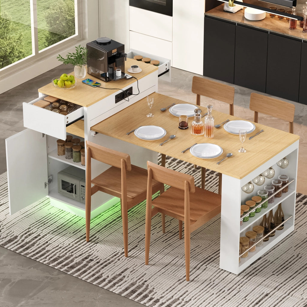 Tavolo da pranzo con piano estraibile; LED e prese USB per cucina in MDF bianco