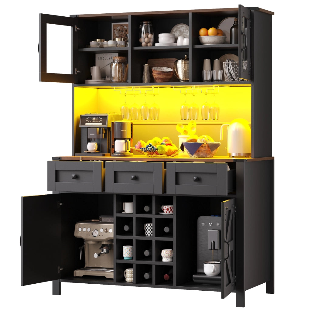 OKWISH Credenza Alta da Cucina con 4 Ante e 3 Cassetti, LED, Prese e Porte USB, per Cucina o Soggiorno, 120×40×170 cm