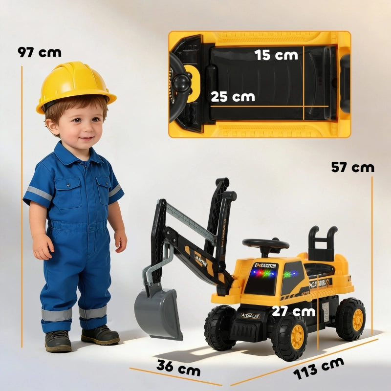 Escavatore cavalcabile con pala, volante girevole, sovrastruttura regolabile, schienale, per bambini da 1,5 a 3 anni, giallo.