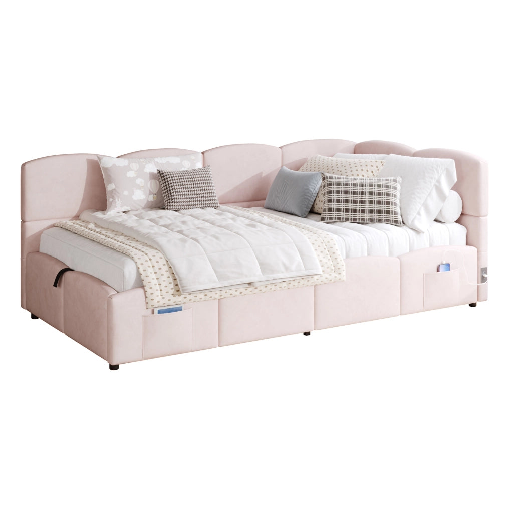 Divano letto contenitore 90x200 cm con USB e USB C; velluto rosa