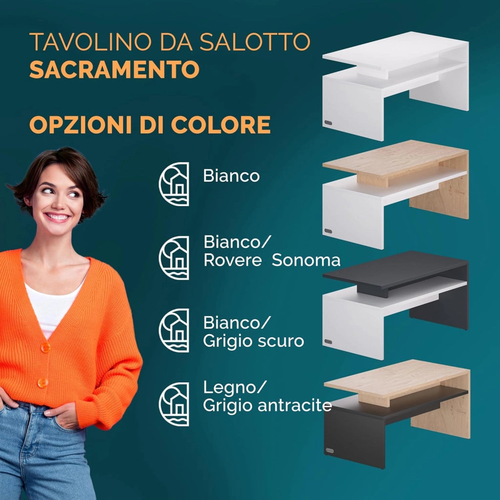 ® Tavolino Salotto da Divano 95x55x50cm Mobiletto Basso in Legno Carico Max 50kg Tavolo Moderno Soggiorno da Caffé da Pranzo Coffe Table Letto