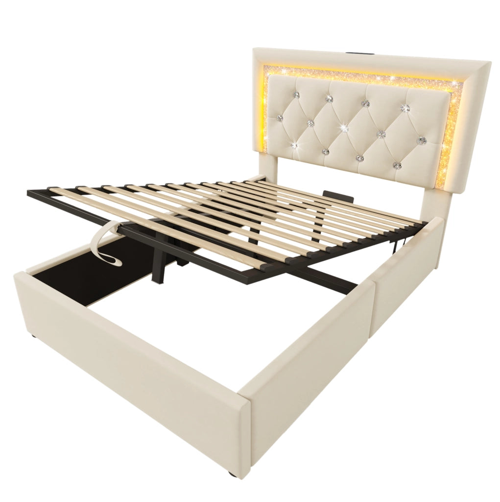 Letto singolo 90x200 cm con contenitore; LED e porta USB C; velluto beige