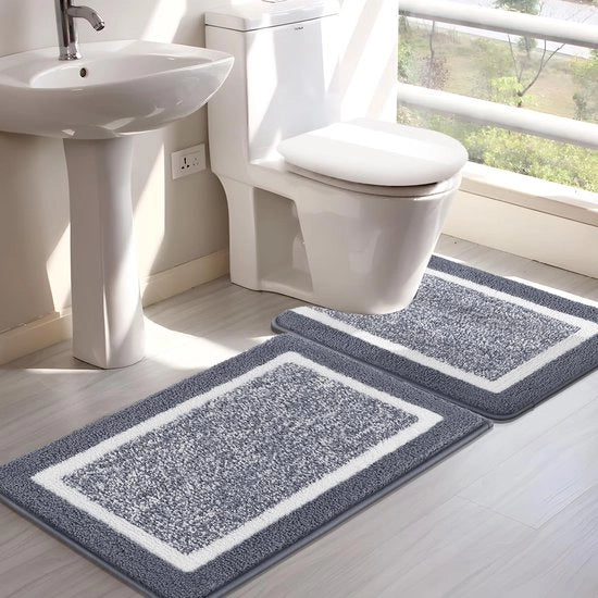 Pavimento Antiscivolo in Microfibra Shaggy per Bagno - 2 Pezzi - Grigio Scuro - 50x80 cm & 50x60 cm